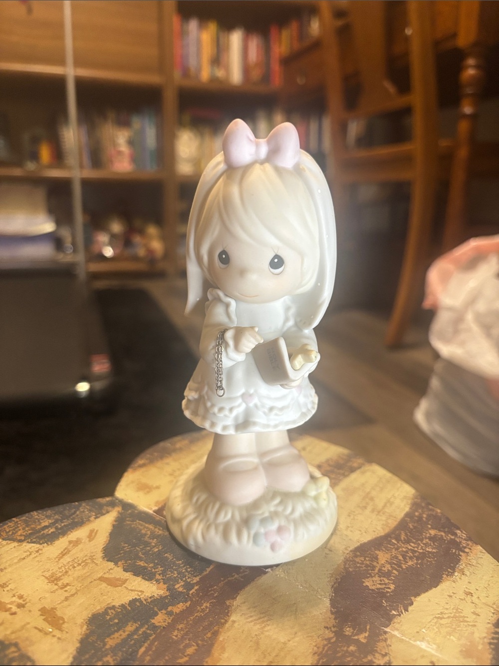 Precious Moments White Ceramic Girl Figurine with Pink Bow